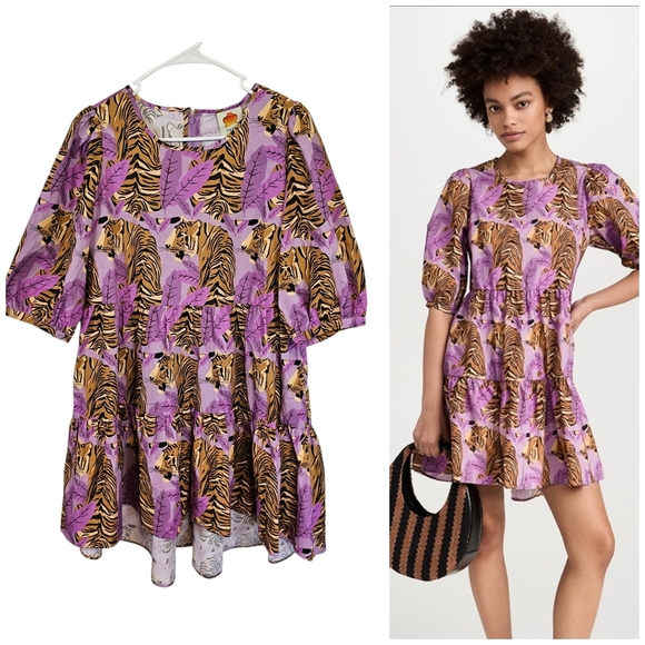 FARM Rio Dresses & Skirts - FARM Rio Tiger Leaves Lavender Puff Sleeve Mini Dress